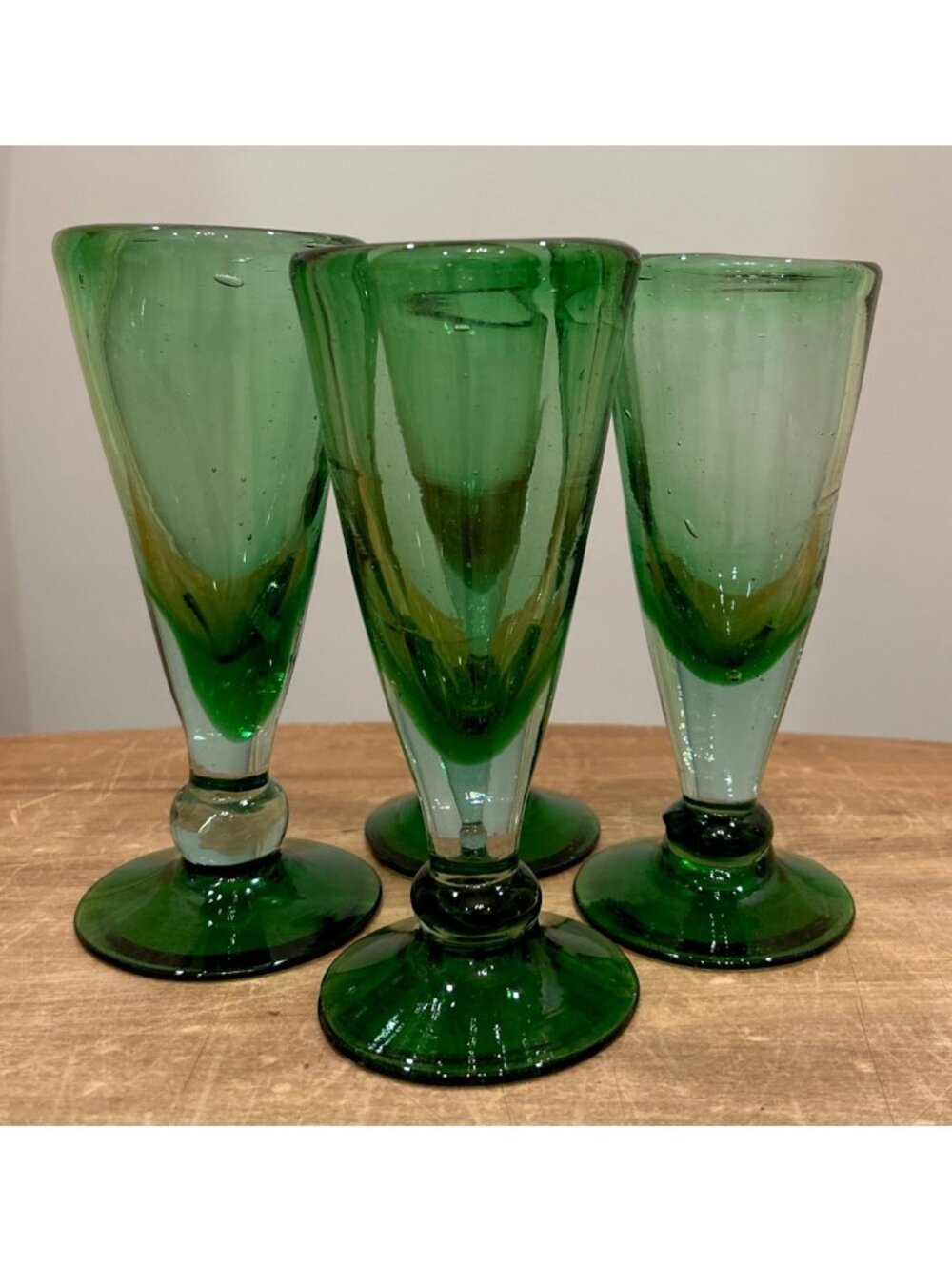 Set Of 4 Blown Pontil Glass Wine Glasses 7 1/8" H Green Handcrafted Cocktail